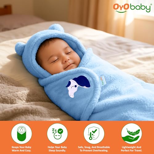 Image of OYO BABY Newborn Blanket Combo Pack of 2 | Hooded Sleeping Bag & Baby Wrapper Set | Super Soft Micro Fleece | Lightweight Yet Warm | Daily Use | 0-6 Months | Pink & Blue