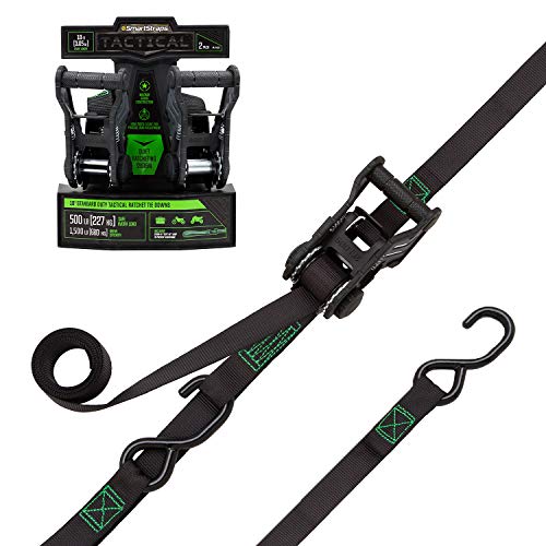 # 10-Foot Tactical Ratchet Straps, Haul Light Loads in Pickup Trucks & Trailers, Dirt Bikes, ATV's, Lawn Tractors, 1,500 lb Break Strength 500 lb Safe Work Load, 2-Pack, Black - SmartStraps 4628