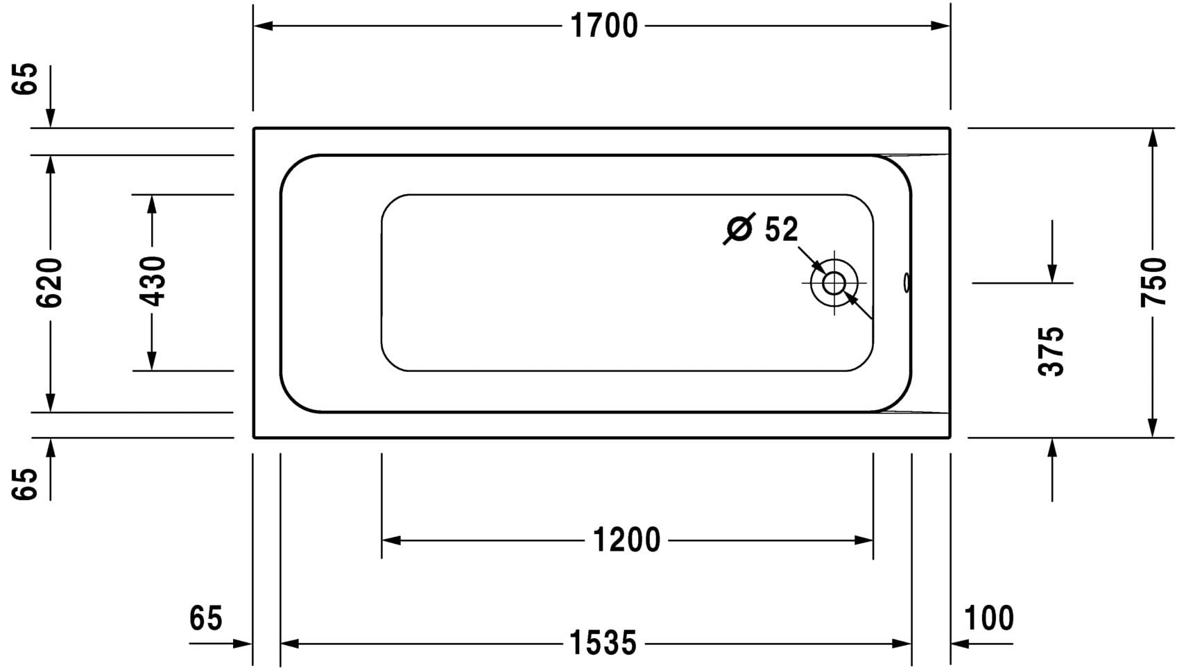 Baignoire D-CODE, 170x75, à encastrer, écoulement latéral, Blanc Réf 700107000000000