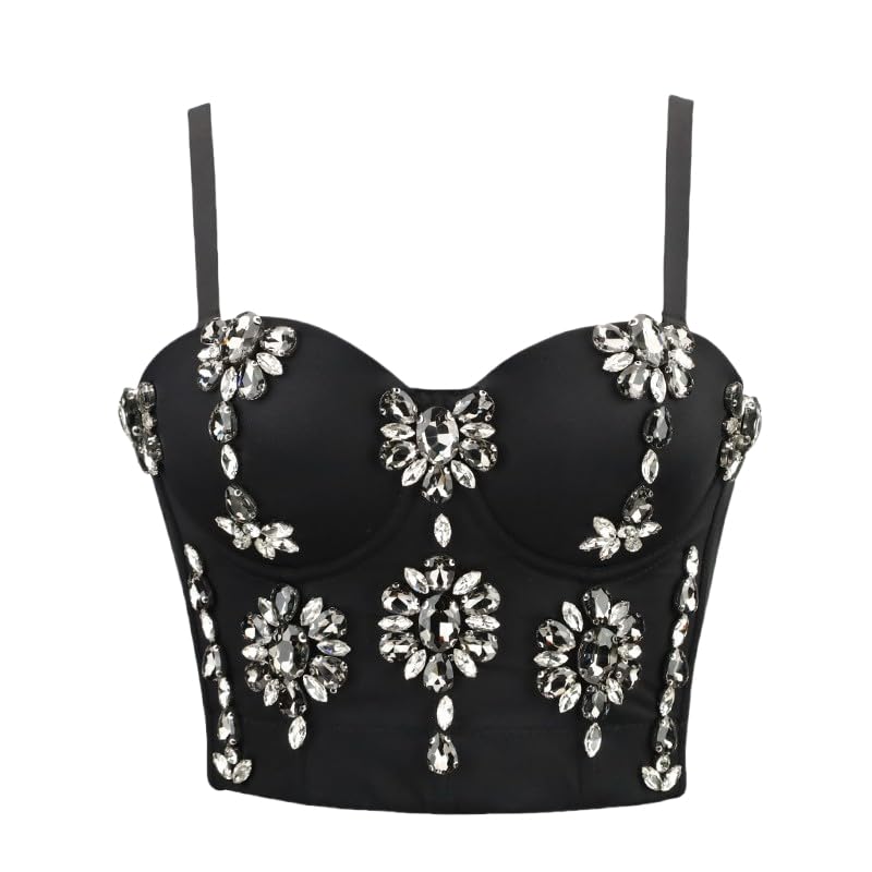 Women's Sexy Rhinestone Bead Bustier Crop Top Club Party Glitter Corset Top Bra
