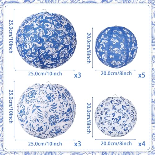 Lonfliness 15 Pcs Chinoiserie Paper Lanterns 10In 8In Blue and White Porcelain Hanging Lantern Party Decorations Chinese Round Lantern Ceiling Home Decor for Birthday Baby Bridal Shower Wedding Decor