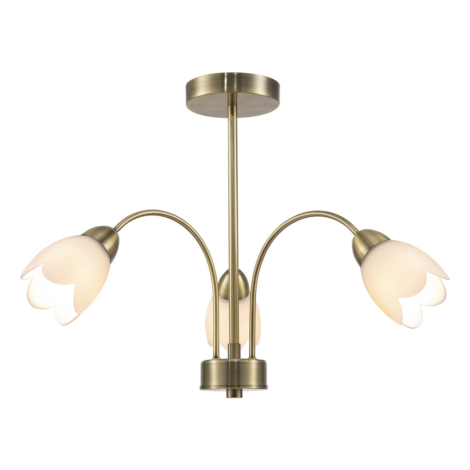 Contemporary Ceiling Lamp Fitting in Antique Brass with Opal Petal Glass Shad...