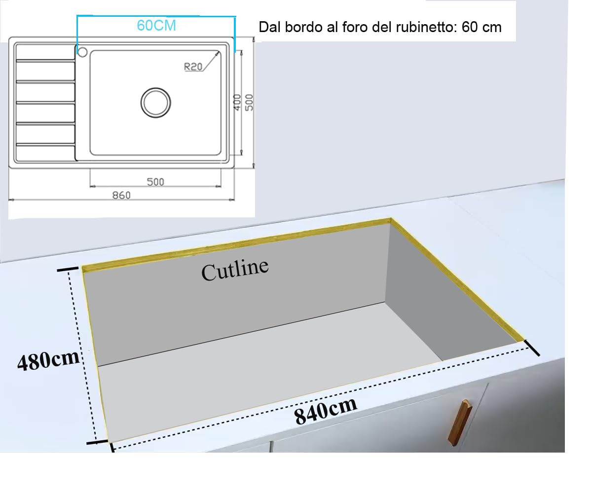 86x50x21, R20 Lavello da cucina, acciaio inox 304, spessore 0,8 mm, XXL Vasca 50x40cm,rettangolare, 1 vasca, Lavelli, sgocciolatoio a sinistra