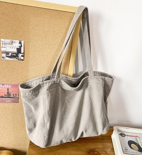 Image of Cotton Tote Handbag Women Canvas Crossbody Beach Bag Hobo Shoulder Tote Bag with 3 External Pocket,Zipper Closure