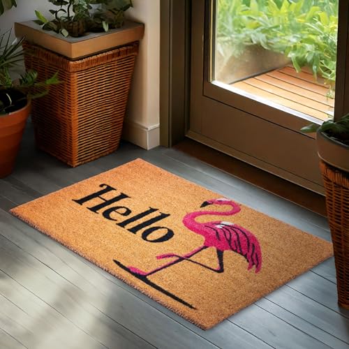 BRUBAKER Felpudo para Exterior e Interior - Hello Flamenco - Estera de 100% Fibra de Coco 45 x 75 cm - Impermeable, Antimanchas y Antideslizante - Ideal para Entrada, Jardín y Terraza - Marrón y Rosa