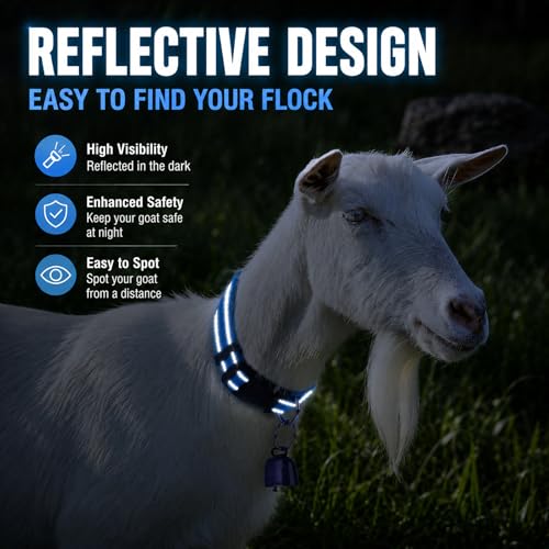 Image of 5 Pack Reflective Goat Collars with Bells, Adjustable Nylon Collar Set and Horse Sheep Grazing Copper Bells Pet Anti-Lost Loud Bronze Bell for Small Farm Animal Goat Sheep Cow Accessories