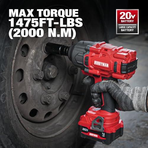 Alloyman Cordless Impact Wrench, 1475Ft-lbs (2000N.m) 1/2 High Torque Brushless Impact Gun, 20V Power Impact Driver, 4000mAh Battery,3 Sockets, Brushless Motor Variable Speeds for Car/Truck RV/Mower