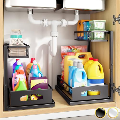 Under Sink Organizer , 2 Pack Height Adjustable Cabinet...