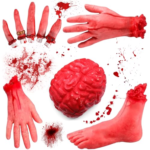 NXPZ 9 Stück Halloween Körperteile, Gruselige und Blutige Deko Set mit Realistischem Gehirn, Abgetrennten Händen, Füßen und Fingern für Halloween Partys und Gruselhaus Streiche