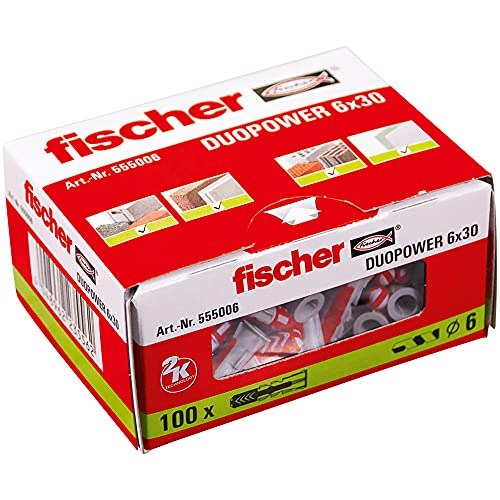 fischer DUOPOWER 6 x 30, Universaldübel, leistungsstarker 2-Komponenten-Dübel, Kunststoffdübel zur Befestigung in Beton, Ziegeln, Stein, Gipskarton uvm., ohne Schrauben, 100 Stück