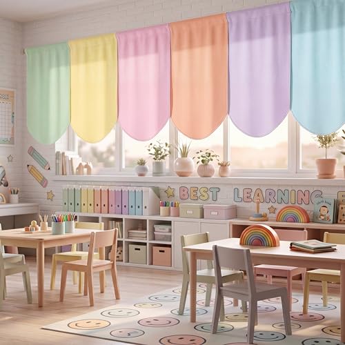 SmoothNovelty 6 Pcs School Classroom Curtains Back to Classroom Colorful Curtains for Kindergarten Daycare Primary Bedroom Playroom Room Decor(Pastel)