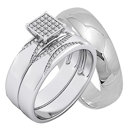 His and Hers Wedding Ring Set TRIO Matching Sterling Silver Rings for Him Her Sizes