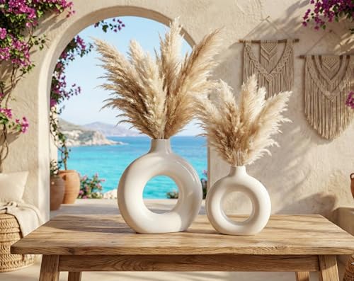 Image of Ceramic Donut Vase Modern Flower Vase | Decorative Centerpiece Vase for Pampas Grass Dried Flowers | Minimalist Home Office Table Decor | Handcrafted Gift (9+6 Inch (Pack-2))
