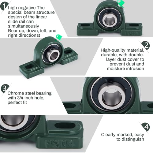 Image of Gisafai 4 Pcs UCP204-12 Pillow Block Bearing with 3 /4 inch Bore Flange Mounted Pillow Block Ball Bearing Self Alignment Cast Iron Housing Steel Unit for Industry, Green