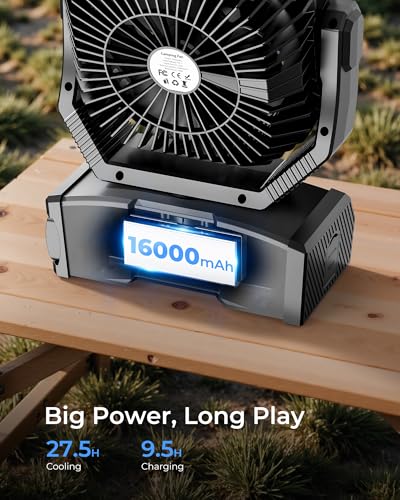Image of 8 inch Portable Rechargeable Fan, Battery Operated Camping Fan with 27H Work Hours, Remote, Auto Oscillation, Timer, Hook for RV Tent Hurricane Emergency Black