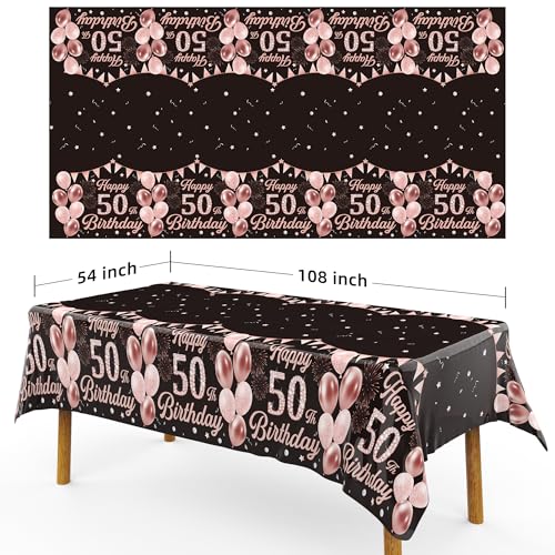 Image of Labeol 3 Pack 50th Birthday Decorations for Women - Happy 50th Birthday Tablecloth, Black and Rose Gold 50th Birthday Table Cover, 54 x 108 Inch Rectangular Disposable Party Supplies