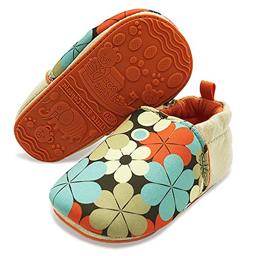 TIMATEGO Toddler Baby Boys Girls Shoes Non Skid Slipper Sneaker Moccasins Infant First Walker House Walking Crib Shoes(6-24 Months) Baby Slipper 9-12 Months Infant, 01 Orange Flower