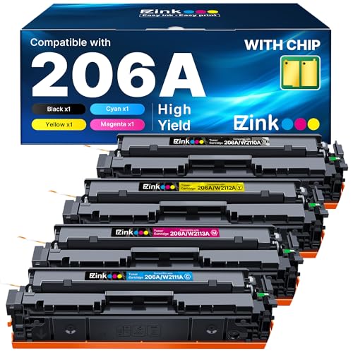 E-Z Ink Compatible 206A (with Chip) Replacement for HP 206A Toner Cartridges 4 Pack 206X to Use with Color Laserjet Pro MFP M283fdw M283cdw M283fdn M282nw Pro M255dw M255nw M283 M255 W2110A