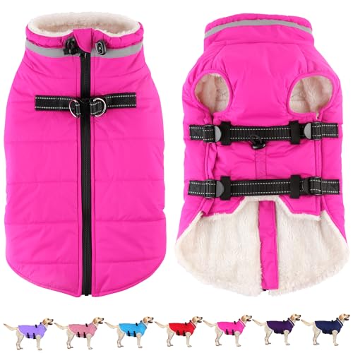 Image of Dogcheer Dog Winter Coat, Waterproof Dog Jacket with Harness - Pink,XL | Reflective Adjustable Puppy Warm Snow Coat with Zipper, Christmas Pet Fleece Cold Weather Coats for Small Medium Large Dog