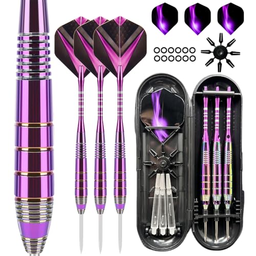 Aiqilai Darts Set 24g Professional 3 Pack Steel Tip Darts Set with Aluminum Shafts(+3 More Spare Shafts) and 2 Style Flights+Rubber O-Rings and Darts Case- Coloured