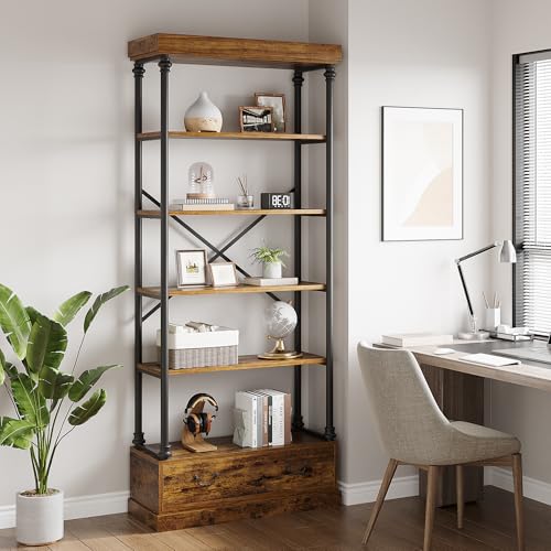 5 Tier Bookshelf with Storage Drawer, 81" Tall Book Shelf Vintage Bookcase w/Metal Frame, Rustic Open Bookshelf for Living Room Offic Bedroom Library (Brown)