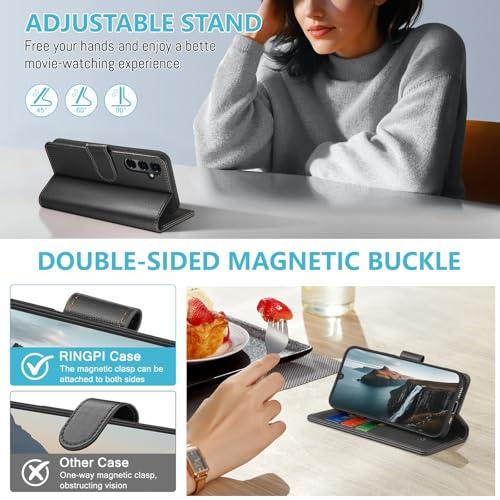 RingPi Phone Case for Samsung Galaxy A16 5G Wallet flip case with RFID-Blocking Card Slot,Adjustable Stand,Magnetic Buckle,and 360°Drop Protection,PU Leather Cover for Samsung A16 case Black by RingPi - Image 3