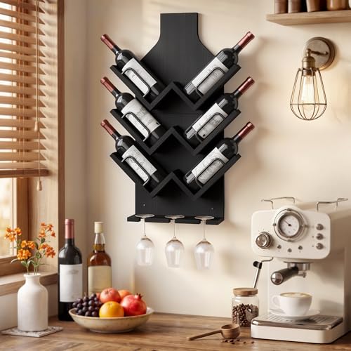 Image of Hoctieon Wine Rack Wall Mounted, 6 Bottles Wood Wine Rack for Display and Storage, Hanging Bottle Holder Bar Shelves for Living Room, Kitchen, Dining Room, Wine Cellar, Black