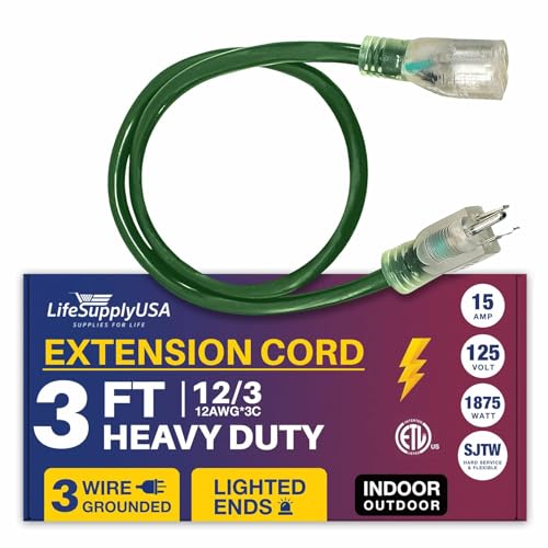 Lifesupplyusa 1233FTDGU 3Ft Power Outdoor Extension Cord & Indoor - Waterproof Electric Drop Cord Cable - 3 Prong Sjtw, 12 Gauge, 15 Amp, 125 Volts, 1875 Watts, 12/3 Etl Listed By Lifesupplyusa cover