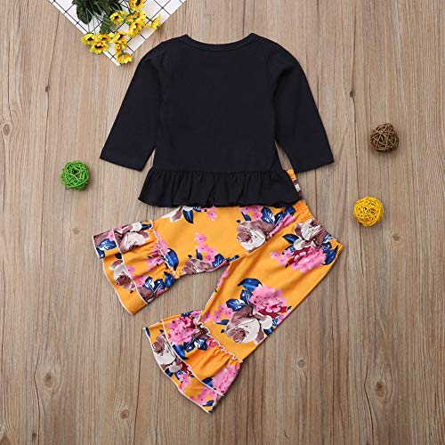 Newborn Toddler Baby Girl Sassy Outfit Long Sleeve T-Shirt Tops+Floral Flared Pants 2Pcs Clothes Set (Black and Yellow, 18-24 Months)