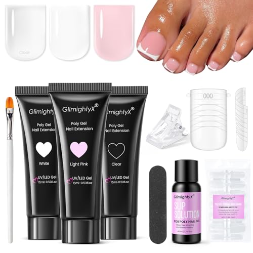 Polygel Toenail Kit,GlimightyX Poly Gel Nail Kit for Toes 3 Color Clear Pink White Poly Gel with 16...