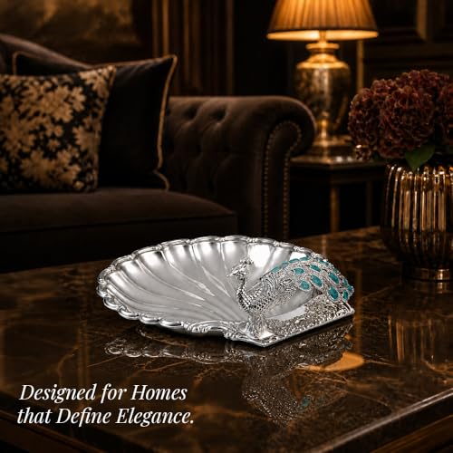 Image of Diviniti German Silver Peacock Decorative Bowl with Blue Enamel Design | Luxury Silver Plated Dry Fruit & Sweet Serving Tray for Home Decor, Dining Table, Festive Gifting with Box Wedding Decor Style.