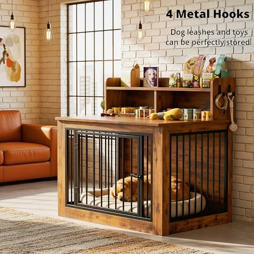 IRONCK Extra Large Dog Crate Furniture, 43.3 inches Wooden Dog Crate with Storage and 4 Hooks, Heavy Duty Pet Crate for Large Dog, Decorative Pet Cage for Indoor (30" L x 43.3" W x 41.1" H) - Image 4