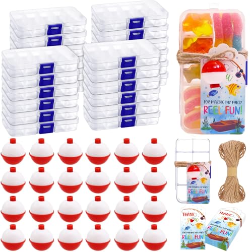 24 Set Fishing Candy Little Tackle Boxes for Birthday Party Favors with 24 Fishing Bobber 24 Thank You Cards for Making My Party Reel Fun Gone Fishing Theme Supplies Fishing Decorations (24)