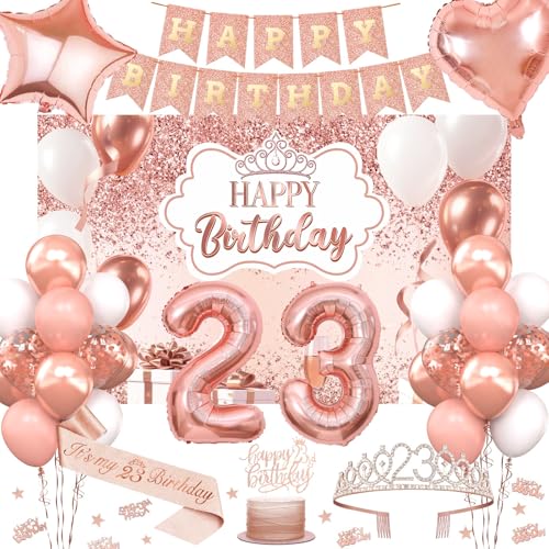 23rd Birthday Decorations for Women, 52pcs Sweet Rose Gold Happy 23 Birthday Decorations Including 23rd Rose Gold Crown, Sash, Banner, Background for 23 Party Decorations Set