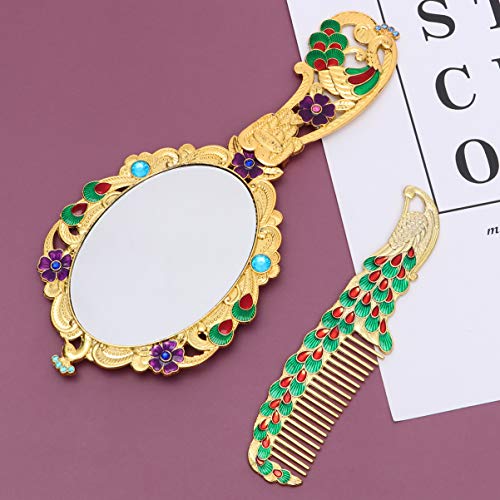 Lurrose Vintage Foldable Vanity Mirror Retro Makeup Handheld Mirror Folding Desk Cosmetic Mirror Portable Handle Mirror with Comb for Women Ladies