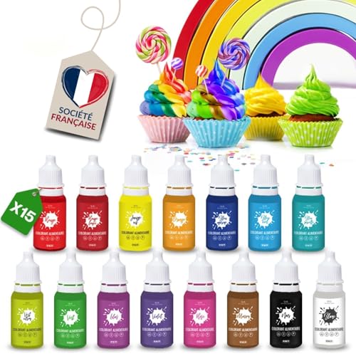 Colorant Alimentaire Liquide Concentré [ 15 Coloris – 100% Comestible ] Peinture Alimentaire pour Pâtisserie, décor gâteau, crèmes, macarons, pâte à sucre,...