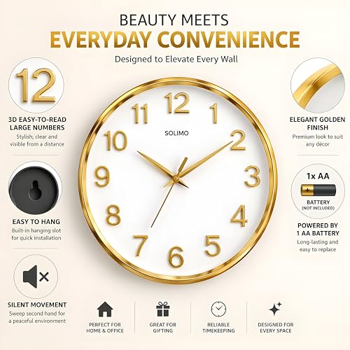 Image of Amazon Brand - Solimo 12 Inches Silent Wall Clock for Living Room Bedroom Office Plastic Easy to Read 3D Numbers Modern Stylish Sweep Movement Wall Clock for Home 1603DX (Golden)