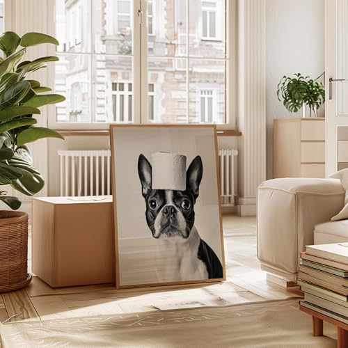 Image of Boston Terrier Funny Bathroom Wood Framed Wall Art Print Poster, Dog Pet Lover Picture Painting Artwork Bedroom Living Room Office Dining Room 150D (Boston Terrier Funny Bathroom, 14 inchL x 11 inchW, Wood Frame)