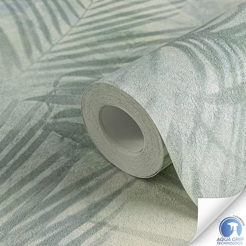 Livingwalls Wallpaper DESIGNDROP, precovered Non-Woven Wallpaper Palm Leaves in Green, Blue, 10,05m x 0,53m - Image 2
