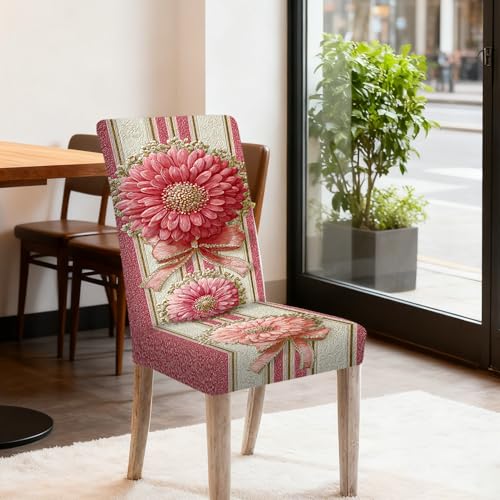 Image of Nuxovilar Pink Floral Ribbon Striped Stretch 23.6x70in 6PCS Covers | Stretch Slipcover Gentle Protector Flower Wrap Seat Guard Dining Room Bedroom Wedding Banquet (Floral Stripe)