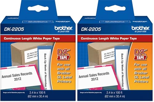 Image of Brother Genuine, DK-2205 Continuous Paper Label Roll, Cut-to-Length Label, 2.4 inch x 100 Feet, (1) Roll Per Box (Pack of 2)