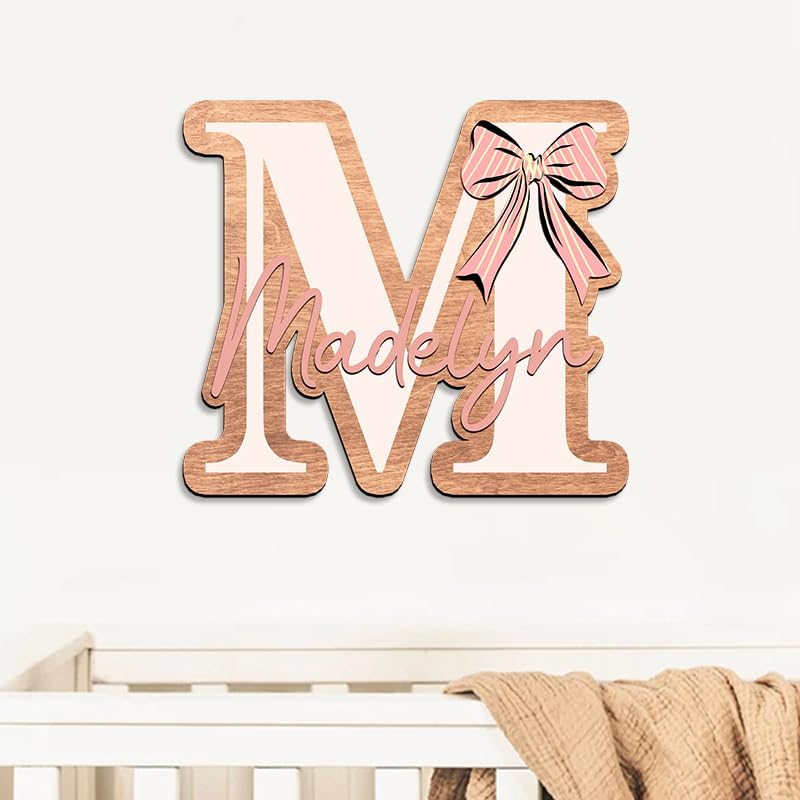 Personalized Name Sign For Nursery, Custom wooden bow monogram name sign, Letter sign, Boho name sign, Girls name wood sign, Baby pink room decor,