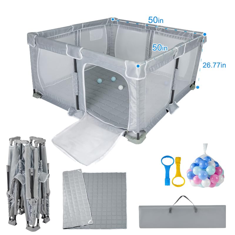 Miniatura 6 de Corralito plegable para bebés de 50 x 50 pulgadas, corralito para bebés y niños pequeños con alfombra, patio de juegos portátil con malla
