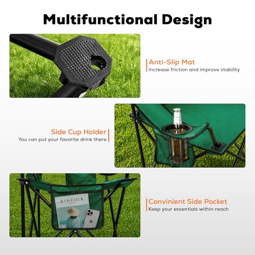 Image of Romswi 2 Pack Camping Chairs, Heavy Duty Folding Chair with 4-Can Cooler Bag, Portable Outdoor Chair with Cup Holder for Lawn, Beach, Fishing, Green