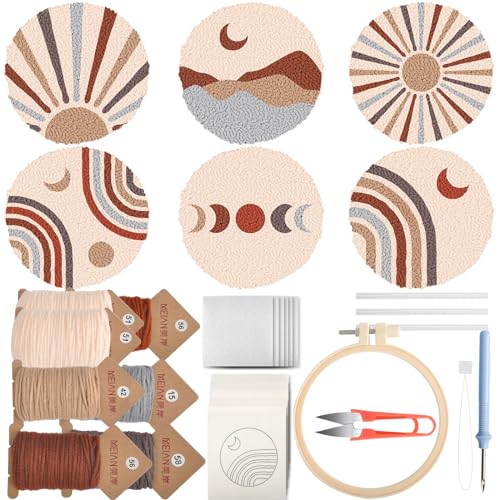 Image of Punch Needle Coasters Kit, Punch Needle Embroidery Kit for Beginners and Adults Car Coasters DIY Rug Drink Coasters with Adhesive Felt Yarns Hoop Tools DIY Needle Punch Craft (A2-Boho) (Boho-6 Sets)