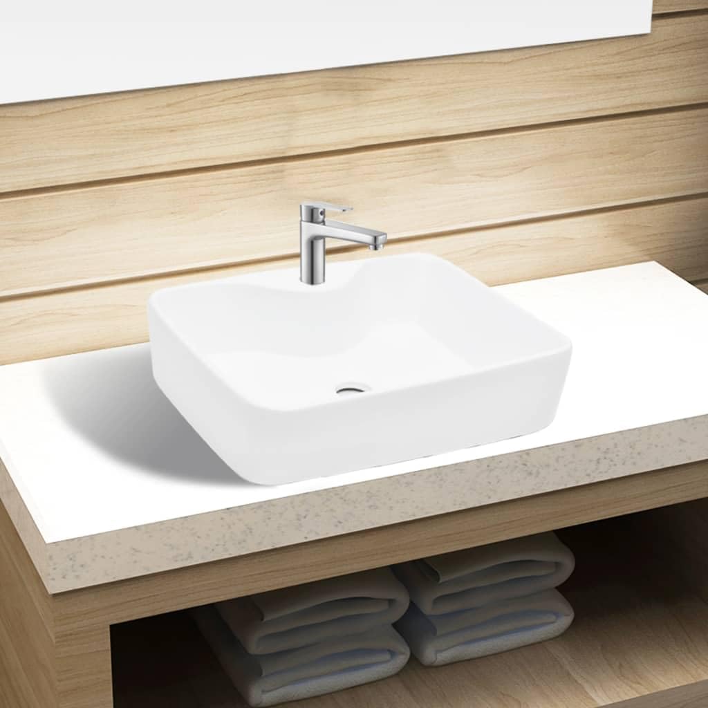 vidaXL Ceramic Bathroom Sink Basin with Faucet Hole White Square