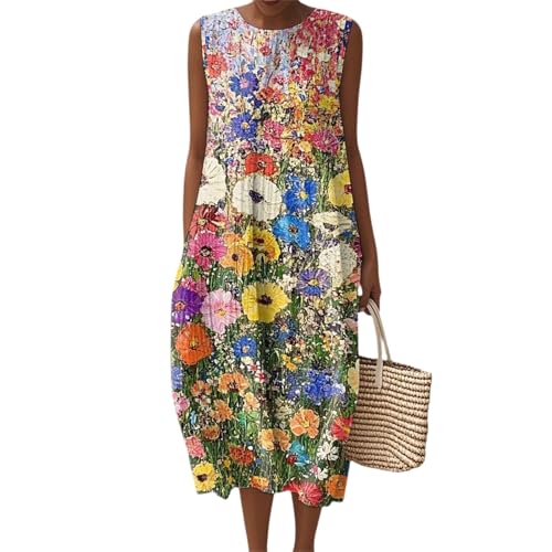 Damen Leinenkleid, Rundhals Ärmellos Strandkleid Mittellang Freizeitkleid Atmungsaktives Sommerkleid für Warme Tage & Freizeit,Pink,L