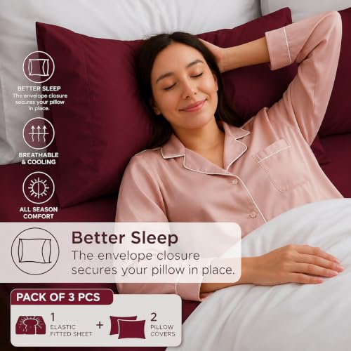 Image of 600 TC 100% Egyptian Cotton Fitted Sheet for King Bed Size Fitted Bed Sheet with Pillow Cover for Bedroom, Soft Hotel Quality Size - 72 x78+12 Burgundy Pillow Cover Size -18 x 28 Inch