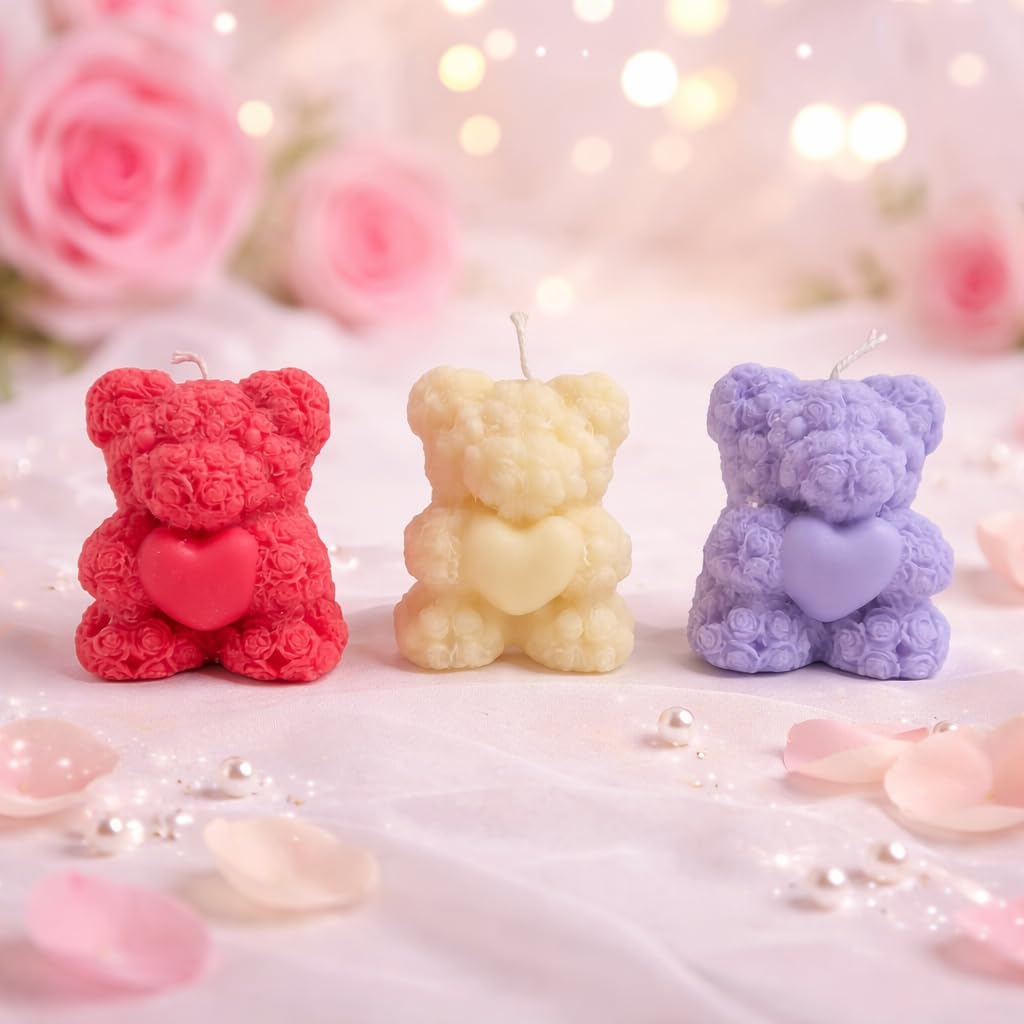 Small Teddy Bear Scented Candles – Set of 3 | Cute Decorative Candles for Home Décor, Romantic Gift, Birthday Gift, Return Gift and Special Occasions (Red, White & Lavender)-image-23