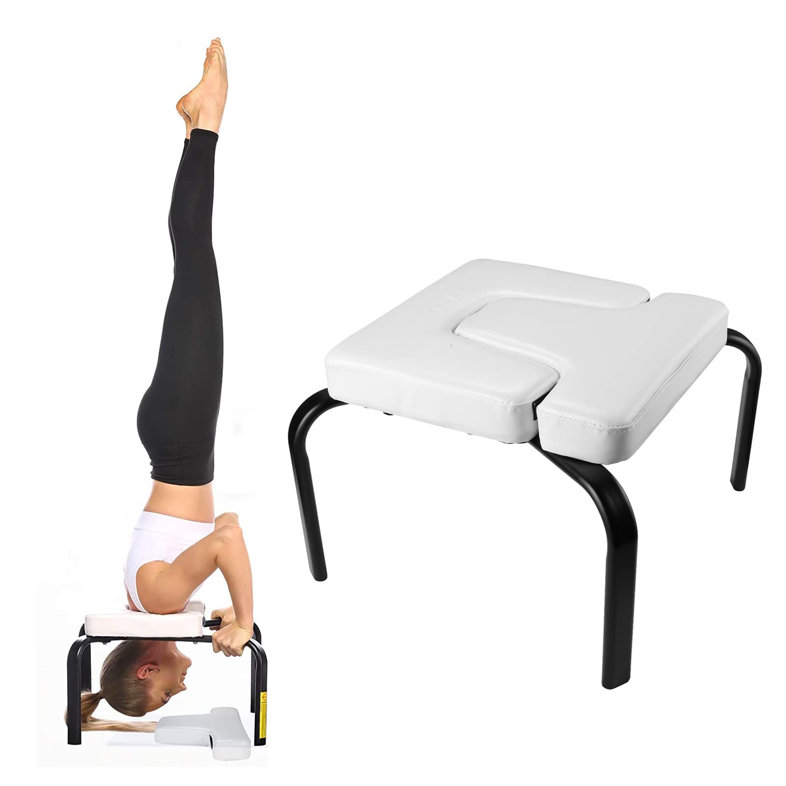 Yoga Headstand Bench, Yoga Inversion Chair Feet Up Trainer for Practice Head Stand, Stand Yoga Chair -Family, Gym, Strength Training Workouts, Steel Frame & PU Pads, Handles, 300lbs (White)